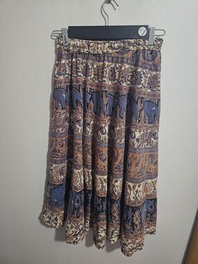Bohemian Thai Elephant Print Midi Skirt - Blue & Brown